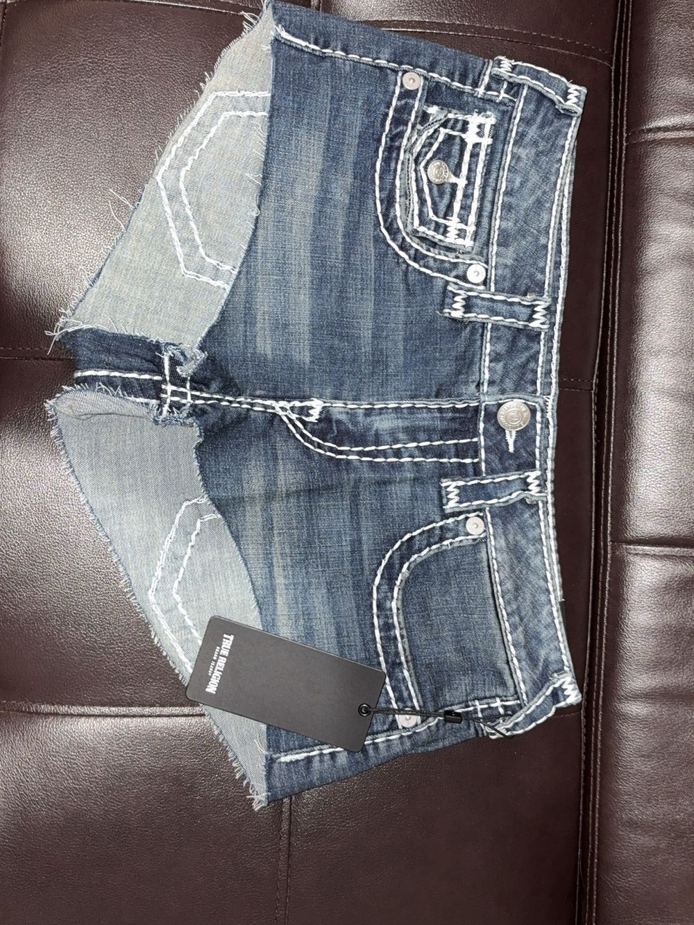 True Religion Women's Dark Blue Distressed Denim Jean Shorts